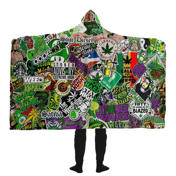 Cannabis Stickerbomb Sherpa Hooded Blanket - ThatGeekLyfe